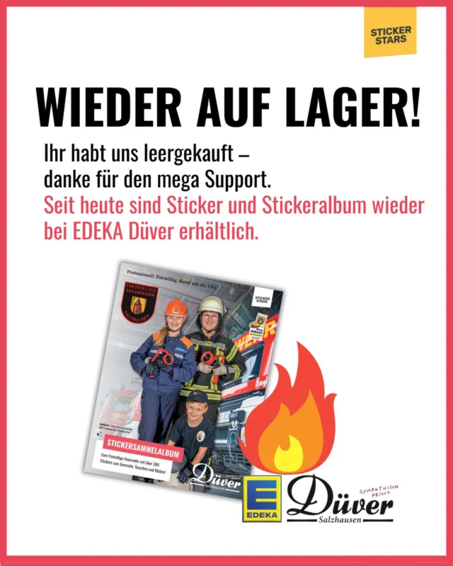 Ihr habt uns leergekauft – tausend Dank für euren unglaublichen Support 🤍🚒
Sticker & Stickeralbum sind jetzt wieder auf Lager und bereit für eure Sammlung ✨ @edeka_duever