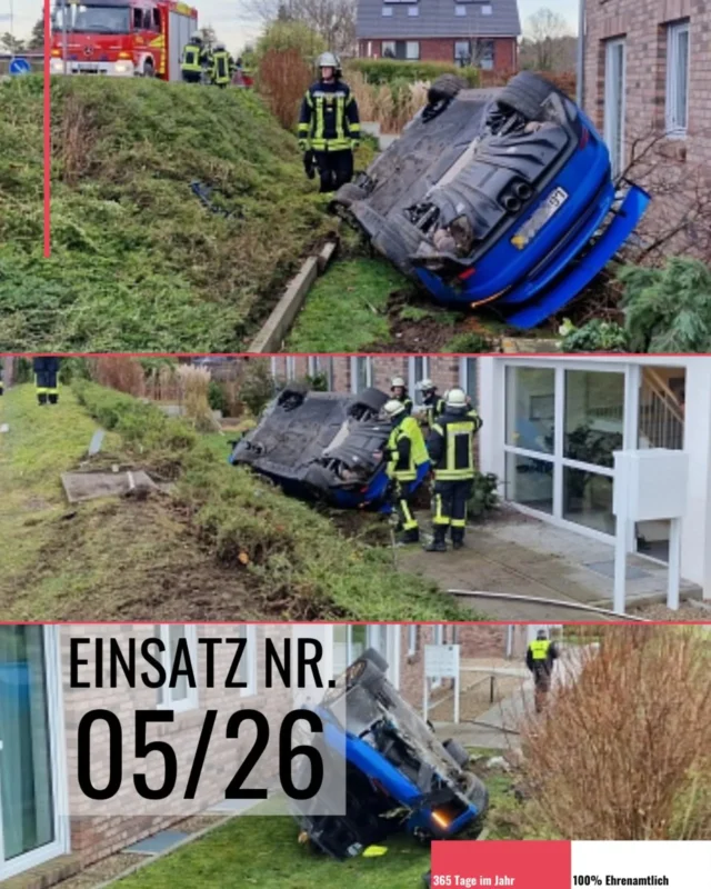 +++ Verkehrsunfall in Salzhausen +++
Zu einem Verkehrsunfall kam es am Freitag (16.01.2026) gegen 14:45 Uhr in Salzhausen. Ein mit zwei Personen besetzter Porsche kam in einer Linkskurve aus bislang ungeklärter Ursache nach rechts von der Fahrbahn ab, überfuhr den dortigen Fußweg und stürzte anschließend eine Böschung hinab. Das Fahrzeug kam auf dem Dach vor einem Mehrfamilienhaus direkt gegenüber des Feuerwehrhauses Salzhausen zum Stehen.

Aufgrund erster Meldungen, wonach mehrere Personen im Fahrzeug eingeklemmt sein sollten, wurden neben der Freiwilligen Feuerwehr Salzhausen auch die Freiwilligen Feuerwehren Gödenstorf/Oelstorf und Garstedt, ein Notarzt, vier Rettungswagen sowie ein Rettungshubschrauber alarmiert.

Nach dem Eintreffen der ersten Einsatzkräfte konnte die Feuerwehr jedoch schnell Entwarnung geben: Zwei Fahrzeuginsassen hatten sich bereits selbstständig aus dem verunglückten Pkw befreit und erlitten nach ersten Erkenntnissen nur leichte Verletzungen. Die alarmierten Feuerwehren aus Garstedt sowie Gödenstorf/Oelstorf konnten daraufhin ihre Einsatzfahrt abbrechen.

Die Freiwillige Feuerwehr Salzhausen sicherte die Unfallstelle, stellte den Brandschutz sicher und klemmte vorsorglich die Fahrzeugbatterie ab. Die Versorgung der verletzten Personen erfolgte durch den Rettungsdienst.

Die Polizei Salzhausen hat die Ermittlungen zur Unfallursache aufgenommen

Text und Bilder: © Mathias Wille, GPW Salzhausen