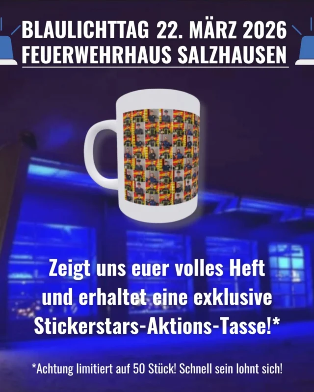 Der Countdown läuft, nur noch 2 Tage bis zu unserem Blaulichttag! 🚨🔥
 
Die Vorbereitungen laufen auf Hochtouren.
Zum Abschluss der großen Stickerstars - Aktion haben wir uns noch eine Kleinigkeit überlegt:

Zeigt uns am Sonntag euer volles Heft und erhaltet eine exklusive Stickerstars-Aktions-Tasse!
Achtung! Die Anzahl ist limitiert!
Schnell sein lohnt sich also! 😉

Außerdem schon mal eine Übersicht über die Parkmöglichkeiten vor Ort.

Wir freuen uns auf euch! 😊 

Eure Feuerwehr Salzhausen