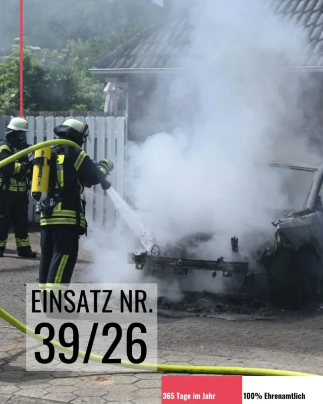 Mit der Meldung über den Brand eines Elektroautos wurden die Feuerwehren Eyendorf und Salzhausen am Mittwochmittag in die Eyendorfer Straße „Am Sprötzberg“ alarmiert. Vor Ort stellte sich jedoch schnell heraus, dass kein Elektrofahrzeug, sondern ein Pkw Opel Grandland in Brand geraten war.

Beim Eintreffen der ersten Einsatzkräfte stand das Fahrzeug bereits in Vollbrand. Durch die starke Hitze waren am unmittelbar angrenzenden Wohnhaus bereits erste Schäden entstanden.

Unter der Leitung von Eyendorfs Ortsbrandmeister Andreas Rosenberger leiteten die Einsatzkräfte umgehend die Brandbekämpfung ein. Ein Trupp unter umluftunabhängigem Atemschutz ging mit einem Strahlrohr gegen die Flammen vor und konnte das Feuer rasch eindämmen. Ein weiterer Atemschutztrupp der Feuerwehr Salzhausen unterstützte die Löscharbeiten. Dadurch gelang es, den Brand schnell unter Kontrolle zu bringen und ein Übergreifen der Flammen auf das Wohnhaus zu verhindern. Anschließend wurde das Fahrzeug vollständig abgelöscht.

Trotz des schnellen Eingreifens entstanden Hitzeschäden an der Fassade des Wohnhauses. Zudem wurden ein hölzerner Gartenzaun sowie vier an der Hauswand abgestellte Mülltonnen durch das Feuer zerstört. Personen kamen bei dem Brand nicht zu Schaden.

Die Ermittlungen zur Brandursache hat die Polizei Salzhausen übernommen.

Text und Bilder: © Mathias Wille, GPW Salzhausen