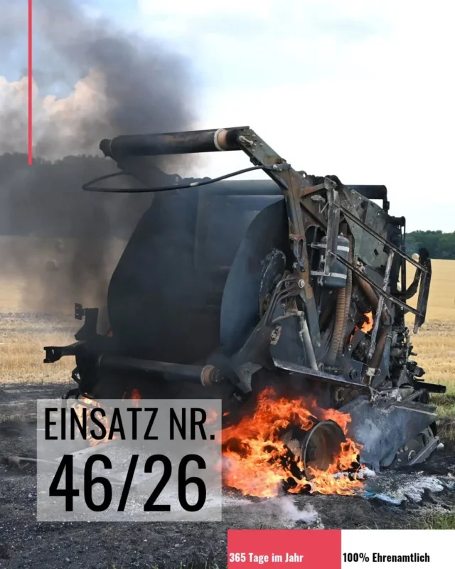 Ein Großaufgebot der Feuerwehren der Samtgemeinde Salzhausen war am Montagnachmittag, den 13.07., bei einem Feldbrand nahe Putensen im Einsatz. In der Verlängerung der Straße „Zum Fierlaßberg“ war es während Erntearbeiten zu einem Feuer gekommen 

Bereits beim Eintreffen der ersten Einsatzkräfte bot sich ihnen ein umfangreiches Schadensbild: Eine Rundballenpresse stand in voller Ausdehnung in Flammen. Zudem hatten das Feuer bereits auf mehrere Rundballen sowie das trockene Stoppelfeld übergegriffen.
Dem Fahrer des Traktors gelang es noch rechtzeitig, die brennende Rundballenpresse vom Zugfahrzeug abzukuppeln und so ein Übergreifen der Flammen auf den Traktor zu verhindern. Eigene Löschversuche mit Pulverlöschern blieben jedoch ohne Erfolg.
Aufgrund der raschen Brandausbreitung ließ Einsatzleiter Alexander Düppetell, stellvertretender Ortsbrandmeister der Freiwilligen Feuerwehr Putensen, die Alarmstufe erhöhen. 
Daraufhin wurden die Freiwilligen Feuerwehren Eyendorf, Garlstorf, Garstedt und Lübberstedt nachalarmiert. Auch Kreisbrandmeister Jörn Petersen machte sich vor Ort ein Bild von der Lage und den umfangreichen Löscharbeiten.
Parallel zu den Löscharbeiten unterstützten mehrere Landwirte die Feuerwehr mit ihren Grubbern und zogen Schneisen um den Brandbereich, sodass sich der Flächenbrand nicht weiter ausbreiten konnte. Ein Radlader kam zudem zum Einsatz, um die brennenden Rundballen auseinanderzuziehen und gezielt ablöschen zu können.
Mit insgesamt elf C-Strahlrohren sowie sieben eingesetzten Atemschutzgeräteträgern gelang es den über 80 eingesetzten Feuerwehrkräften schließlich, den Brand auf den etwa 10.000 Quadratmetern unter Kontrolle zu bringen. Besonders wichtig war dabei, dass ein Übergreifen der Flammen auf ein unmittelbar angrenzendes Waldstück verhindert werden konnte.
Die auf der Alarmstufenerhöhung alarmierten Feuerwehren aus Eyendorf und Lübberstedt konnten ihren Einsatz bereits auf der Anfahrt abbrechen, nachdem ausreichend Einsatzkräfte an der Einsatzstelle zur Verfügung standen und sich die Lage stabilisiert hatte.

Text und Bilder: © Mathias Wille, GPW Salzhausen