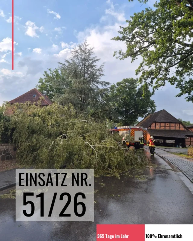 Am 31.07. wurden wir gegen 18:50 Uhr zu einem Einsatz mit dem Stichwort TH1 - Baum auf Straße alarmiert. Ein umgestürzter Baum blockierte die Fahrbahn und wurde mithilfe von Kettensägen beseitigt. Anschließend wurde die Straße von Ästen und weiteren Hindernissen befreit.